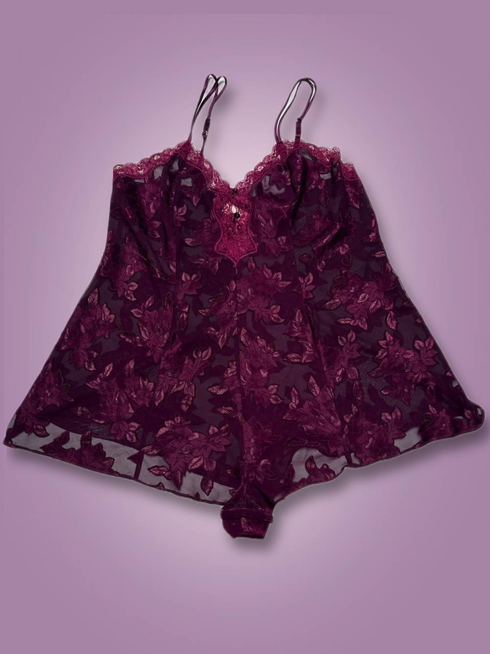 Vintage 90s Solange Purple Sheer Floral Mesh Teddy Romper